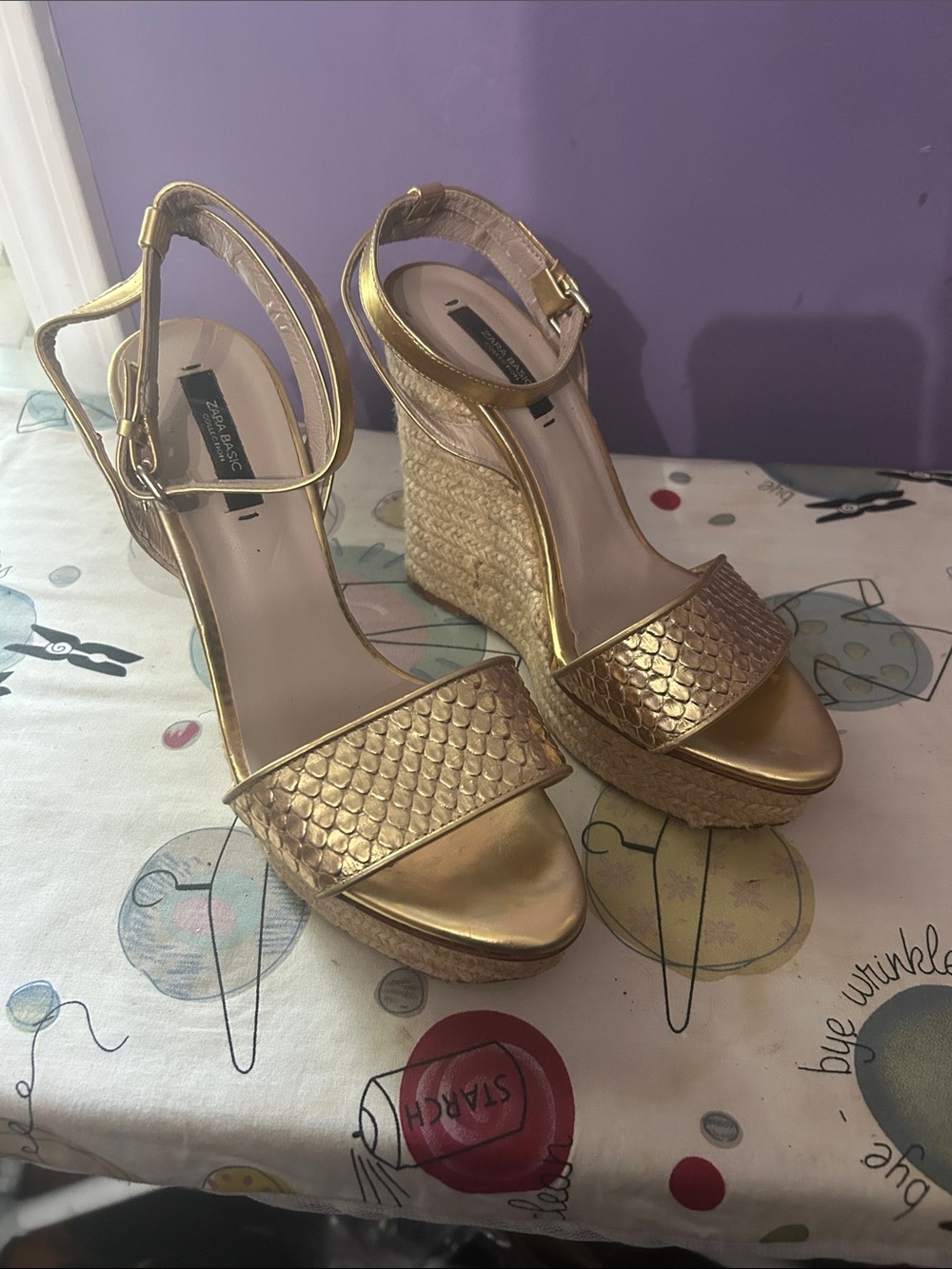 Zara Metallic Gold Wedge Sandals with Ankle Strap